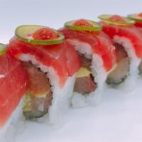 Red Dragon Roll · Salmon, avocado and yellowtail inside tuna & jalapeno on top.