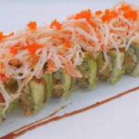 Rocky Mountain Roll · Shrimp tempura, spicy yellowtail inside, avocado and spicy crabmeat on top.
