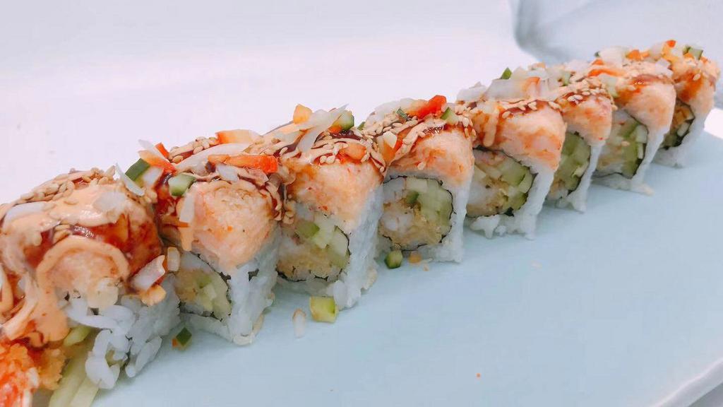 King Roll · Shrimp tempura, avocado, crabmeat inside, lobster salad on top.