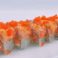 Volcano Roll · Spicy tuna, avocado inside, salmon bake with spicy crab meat on top.