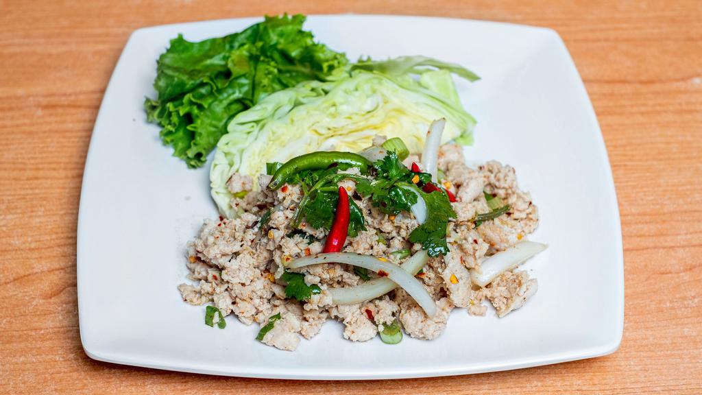 Larb · Grounded meat tossed in a lime dressing with onions and cilantro. Choose from chicken or pork. Beef for an additional charge.