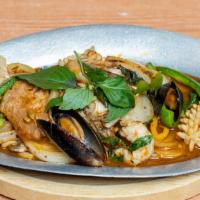 Supreme Seafood · Combination of prawns, squid, salmon, and mussels with onions, bell peppers, and mushrooms.