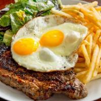 Steak And Eggs* · Hand cut petite NY Strip with Two eggs served your way, hash browns and choice of toast.