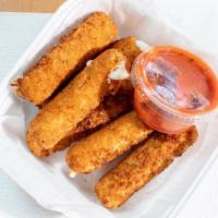Mozzarella Sticks (6) · Mozzarella cheese that has been coated and fried.
