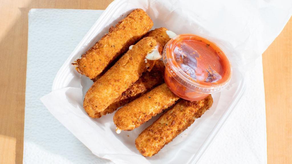 Mozzarella Sticks (6) · Mozzarella cheese that has been coated and fried.