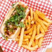 Hot Dog Combo · Bacon ,Chile Anaheim, Onions, Tomato , Jalapenos , and Cilantro  With Fries And a Drink