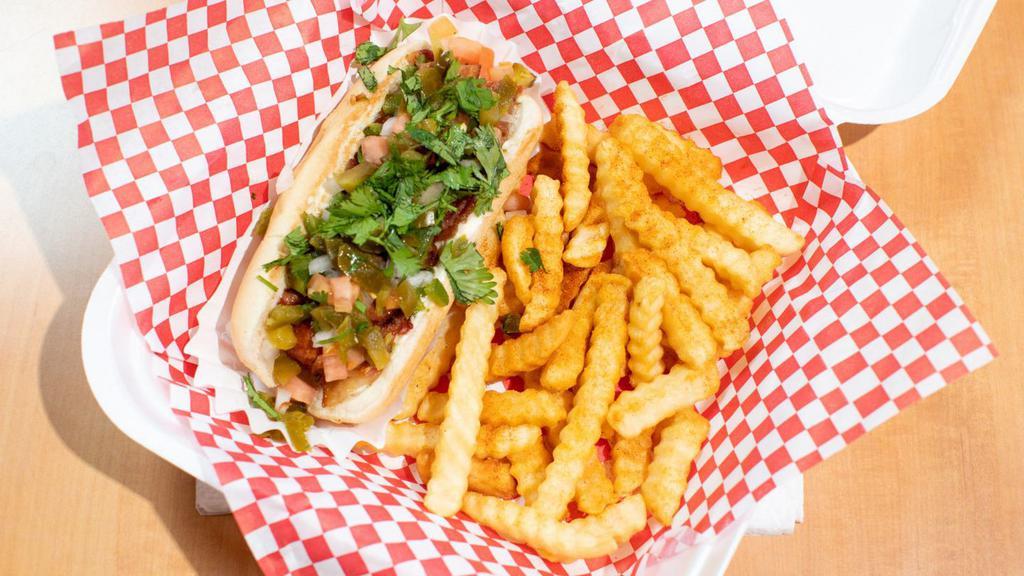 Hot Dog Combo · Bacon ,Chile Anaheim, Onions, Tomato , Jalapenos , and Cilantro  With Fries And a Drink