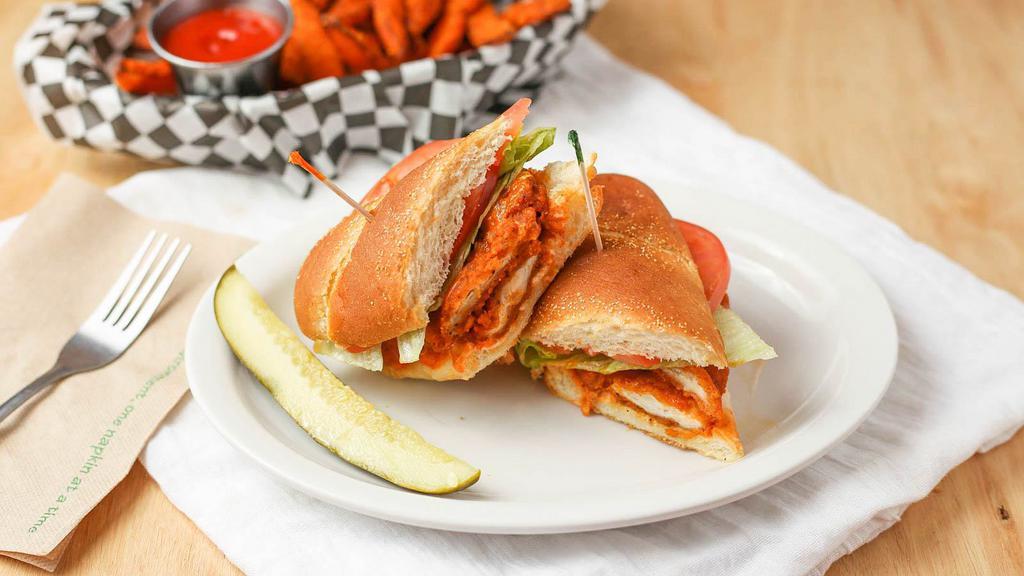 Buffalo Chicken · Buffalo chicken spicy chicken tenders with tomatoes, lettuce, and ranch on a toasted hoagie roll.