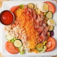 Skyline Chef Salad · Iceberg and romaine blend topped with fresh turkey, ham, hard-boiled egg, cucumber, tomatoes...