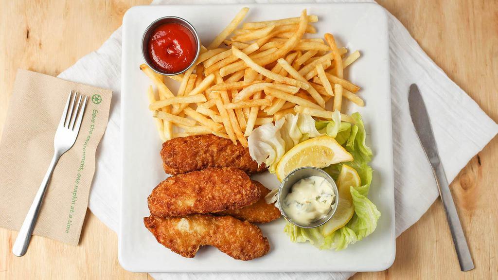 Fish & Chips · Four tender cod pieces battered and fried golden brown with tartar sauce and lemon wedge.