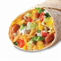 Veggie Burrito · A soft whole-wheat tortilla wrapped around refried pinto beans, seasoned rice, cheddar chees...