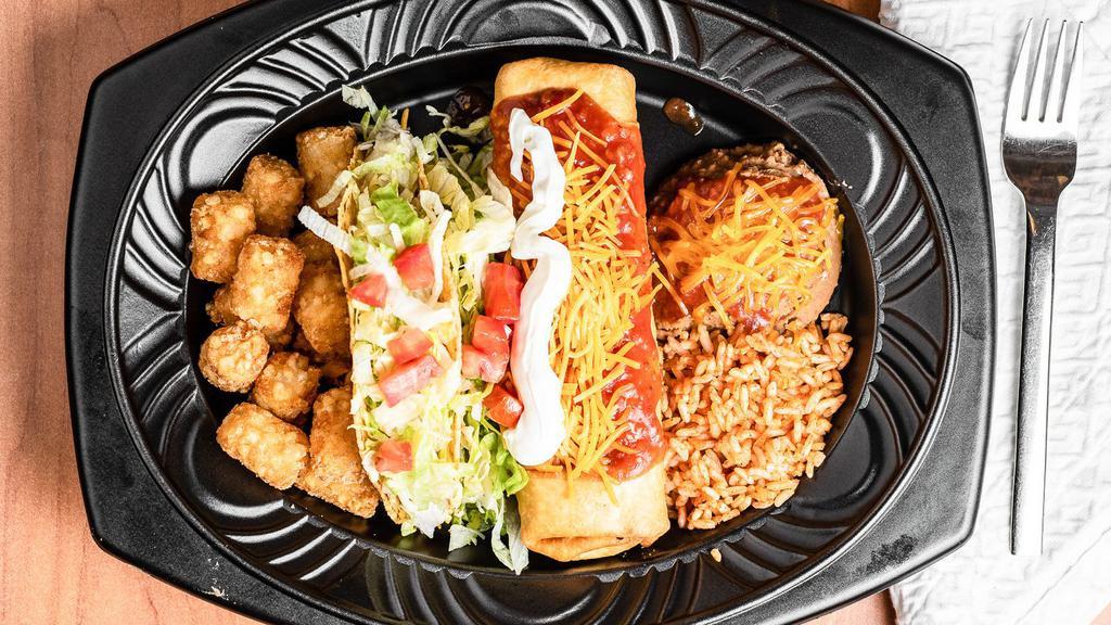 Chimichanga Platter Meal · Seasoned beef, chicken, or pork chimichanga with rice, beans, a seasoned beef crisp taco, and a small drink and an order of Mexi-Fries®.