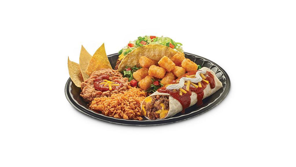 Casita Burrito Platter Meal · Seasoned beef, chicken, or pork casita with rice, beans, a seasoned beef crisp taco and a small order of mexi-fries®.