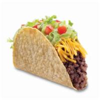 Crisp Taco · Seasoned beef, cheddar cheese, shredded lettuce, and diced tomatoes in a homemade corn taco ...