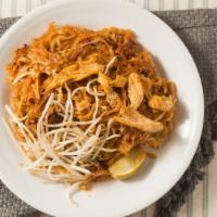 Pad Thai · Chicken, shrimp (2), rice noodles, egg, onions, lime, bean sprouts and ground peanuts.