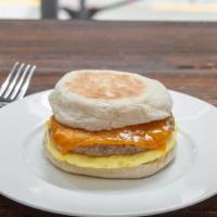 Sausage, Egg, And Cheese Sandwich · All-natural sausage patty with sharp cheddar cheese, cage-free egg on a whole-grain English ...