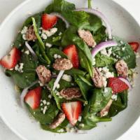 Strawberry Gorgonzola · baby spinach, homemade candied pecans, strawberry, red onion, gorgonzola, pomegranate vinaig...