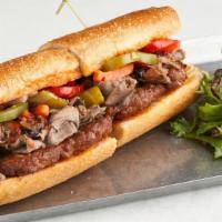 Wrigley · Italian sausage, Italian beef, red onions, mixed green & red bell peppers, hot Giardiniera, ...