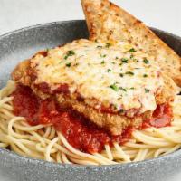 Chicken Parmigiana · breaded chicken breast, mozzarella, parmesan, marinara, fresh parsley, spaghetti