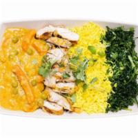 Spicy Coconut Curry Bowl (Gf, Df) · Grilled Chicken, Seasoned Kale, Base, Coconut Curry Simmered with Carrots, Green Pea, Sweet ...