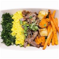 Tri-Tip Madeira Bowl (Gf) · Tri-Tip Steak, Seasoned Kale, Choice of Base, Sweet Spicy Roasted Carrots, Baked Sweet Potat...