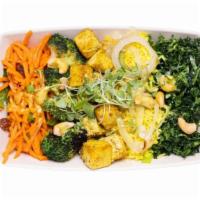 Thai Bowl (Gf, V) · Golden Tofu, Seasoned Kale, Choice of Base, Broccoli, Roasted Onions and Bell Peppers, Carro...