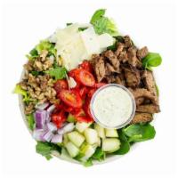 Fabulous Tri-Tip Salad (Gf) · Tri-Tip Steak, Romaine, Baby Spinach, Red Onions, Green Apples, Walnuts, Parmesan Cheese, Gr...