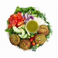 Greek Salad (Gf) · Falafel, Romaine, Kale, Kalamata Olives, Grape Tomatoes, Cucumbers, Red Onions, Feta Cheese,...