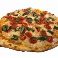 Margherita Pizza · Artisan Pita, Housemade Fresh Marinara Sauce, Mozzarella, Parmesan Cheese, Grape Tomatoes, B...