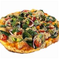 Veggie Pizza (V) · Artisan Pita, Housemade Fresh Marinara Sauce, Mushrooms, Red Onions, Broccoli, Baby Spinach,...
