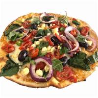 Greek Pizza · Artisan Pita, Housemade Fresh Marinara Sauce, Baby Spinach, Mozzarella, Grape Tomatoes, Red ...