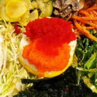 Fish Egg Bibimbap · Fish egg, mushroom, zucchini, carrot, iceberg, lettuce, fried egg, gochujang sauce