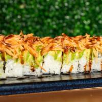 Sushibucks Roll (Spicy) · Tempura shrimp topped with avocado, spicy crab, hot sauce, unagi sauce
