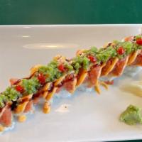 Dynamite  Roll  · tempura shrimp roll topped with spicy tuna, serrano pepper, unagi sauce, spicy mayo, hot sauce
