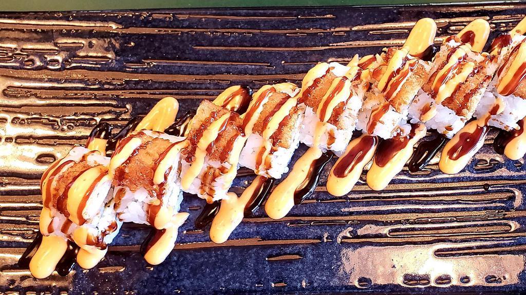 Popcorn Shrimp · California roll topped with tempura shrimp, spicy mayo, unagi sauce
