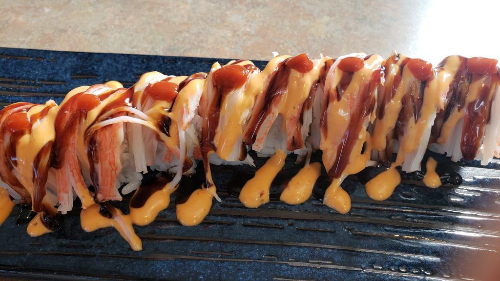 Lobo Roll (Spicy) · California roll topped with crab, hot sauce, spicy mayo, unagi sauce