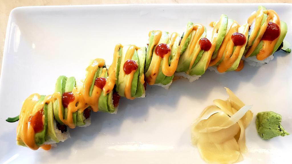 911 Roll (Spicy) · Spicy tuna roll topped with avocado, spicy mayo, hot sauce