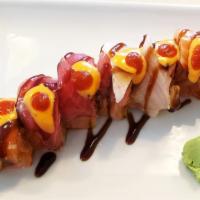 Protein Roll (Spicy) · (8pcs) avocado, cucumber, crab, spicy tuna wrapped soy paper topped with assorted fish, spic...