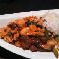 Beef, Chicken & Shrimp · Your combo choice comes with meat selected, steamed rice, mixed vegetables, and 2.5oz teriya...