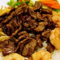 Beef & Shrimp · Your combo choice comes with meat selected, steamed rice, mixed vegetables, and 2.5oz teriya...