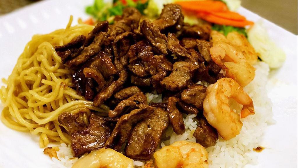 Beef & Shrimp · Your combo choice comes with meat selected, steamed rice, mixed vegetables, and 2.5oz teriyaki sauce. 

We may be able to accommodate allergies to certain foods.
