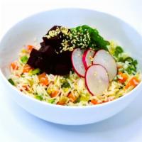Beet Poke Bowl · Marinated beetroot, ginger and garlic fried rice wakame, green onions, cucumber and radish
ⓥ...