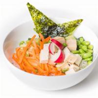 Teriyaki Rice Bowl  · crispy tofu, pickled carrot,
cucumber, edamame over ginger garlic fried rice ⓥ - Vegan