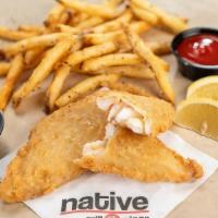 Fish & Chips (Limited Time Only) · Beer battered fish fillets fried to a golden brown. Served with fries, tartar sauce, and lem...