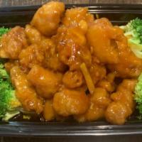 (D8 )Orange Chicken  · Served with steamed rice, brown rice or fried rice and egg roll.