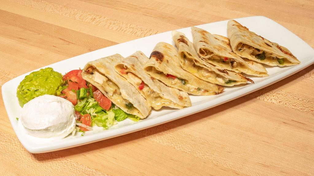Grilled Chicken Quesadillas · Caramelized onion, poblano and red peppers, jack.