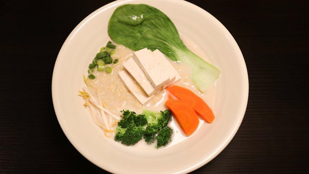 Vegetable Ramen · Vegetable soup. Yellow egg noodles, tofu, broccoli, carrot, bean sprouts, bok choy, green onion, onion oil.