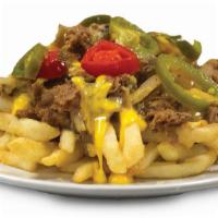 Philly Fries · Topped with steak, grilled onions, cherry peppers and melted Cheddar cheese.