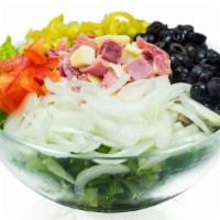 Antipasto Salad · Ham, salami, provolone cheese, onions, black olives, pepperoncinis and tomatoes.