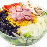 Chef Salad · Turkey, ham, cheddar, mushrooms, onions, black olives and tomatoes.